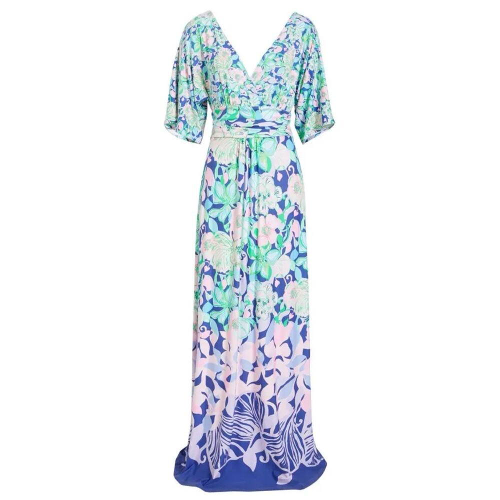 Lilly Pulitzer Parigi Maxi dress long XXS tropical vacation blue pink long wrap